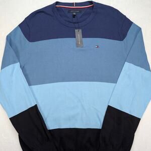 Tommy Hilfiger Mens Sweater XL Blue Stripe Cotton Lightweight NWT